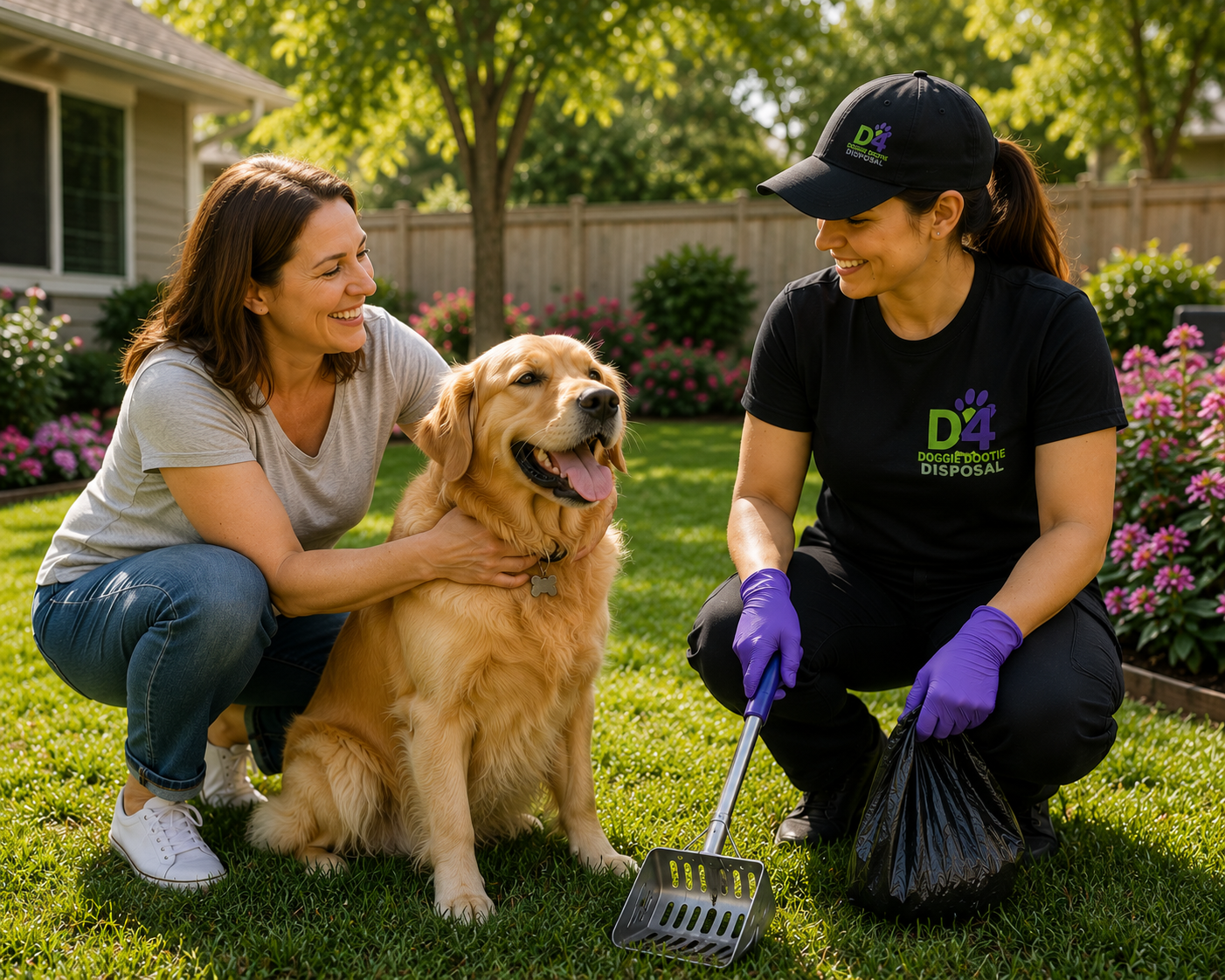 Delighted customers — happy homeowner with clean yard